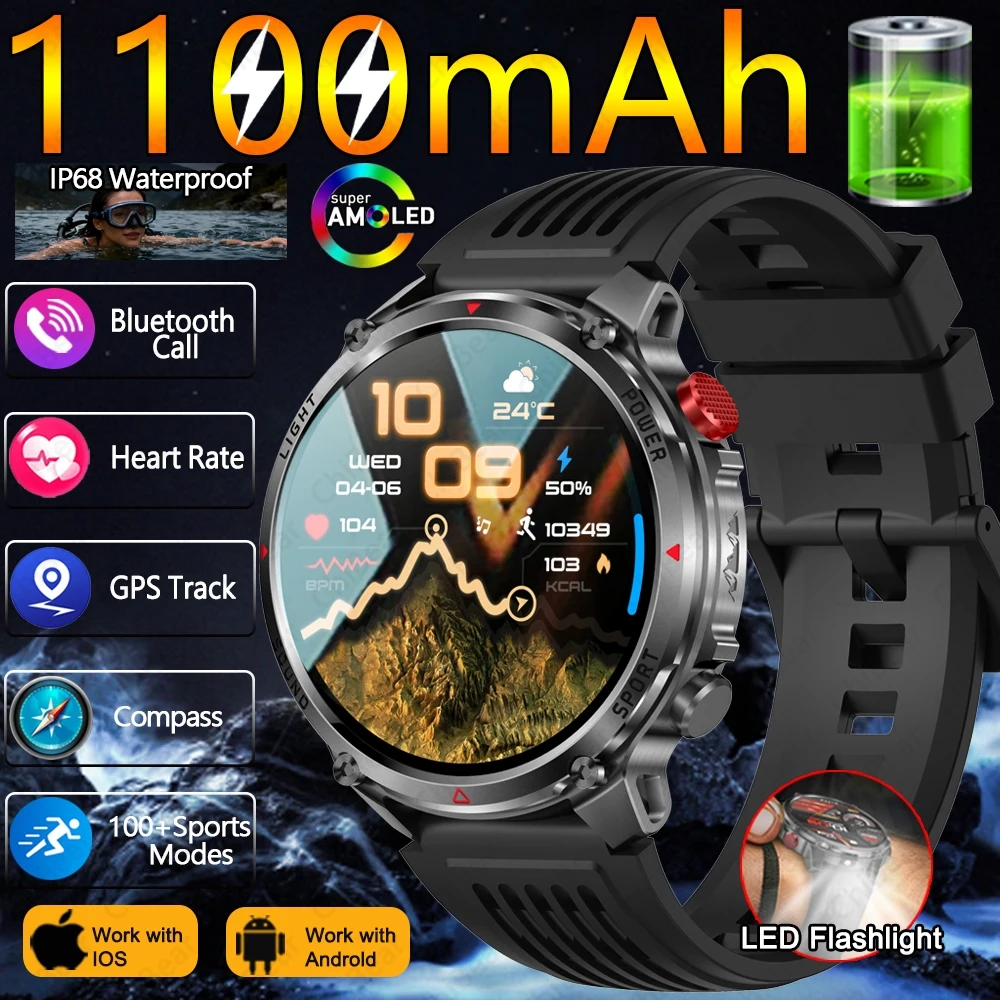 

2026New 1100mAh Battery SmartWatch Men Heart Rate LED Flashlight Bluetooth Call Sleep Monitoring IP68 Waterproof Smart Watch Men