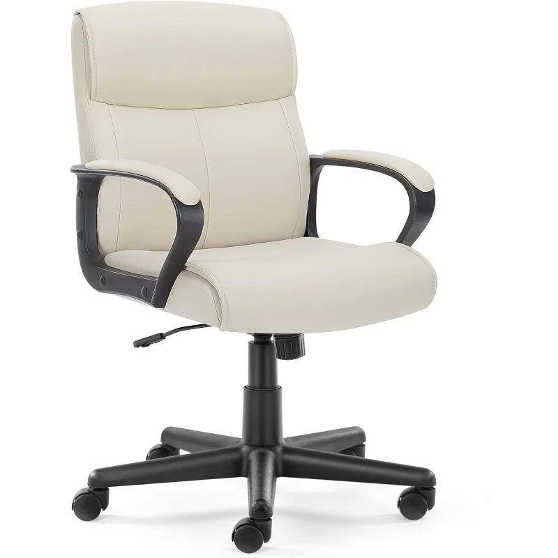 

Home Office Mid-Back Computer Desk Chair with Armrests Height Adjustable, 360-Degree Swivel, Lumbar Support, PU Leather, Ivory