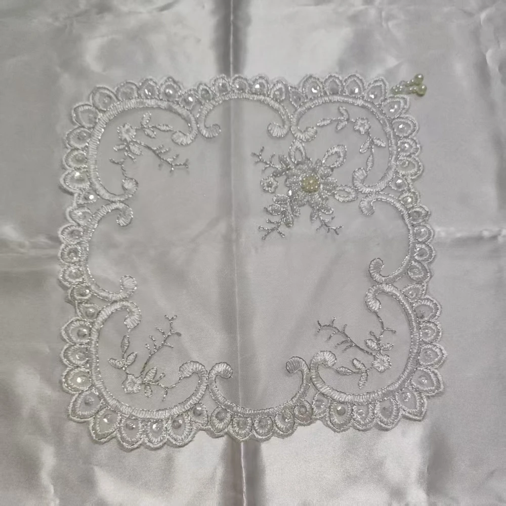 White Beaded Floral Embroidery Square Table Mat Sheer Lace Doily Wedding Table Decoration