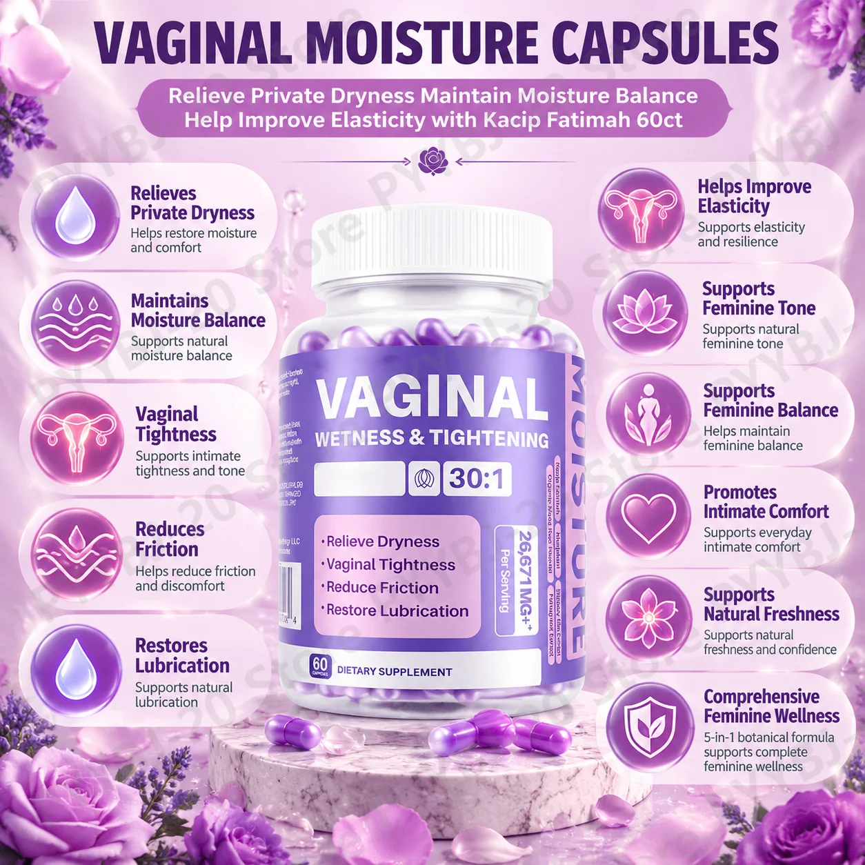 Vaginal Moisture Capsules Relieve Private Dryness Maintain Moisture Balance Help Improve Elasticity with Kacip Fatimah 60ct