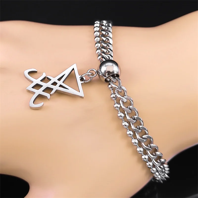 Lucifer Symbol Seal Bracelet for Women Men Stainless Steel Silver Color Church of Satan 2 Layers Chain Bracelets Jewelry B1731S2