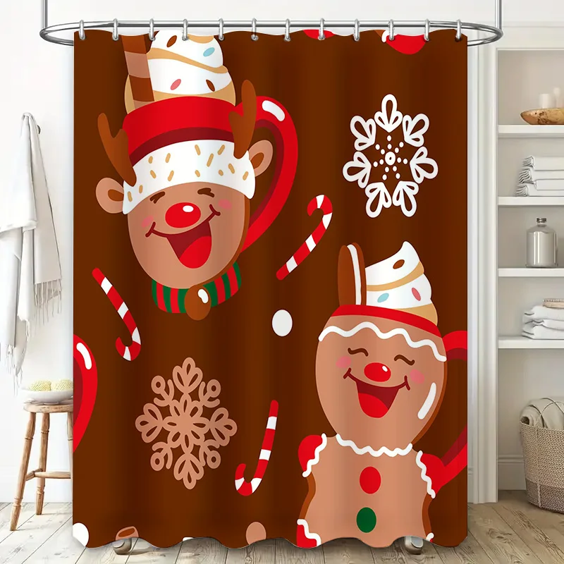 Delightful Christmas Shower Curtain Fun Reindeer Gingerbread Man Design for Bath Decor Waterproof Fabric with Hook Set (Red)