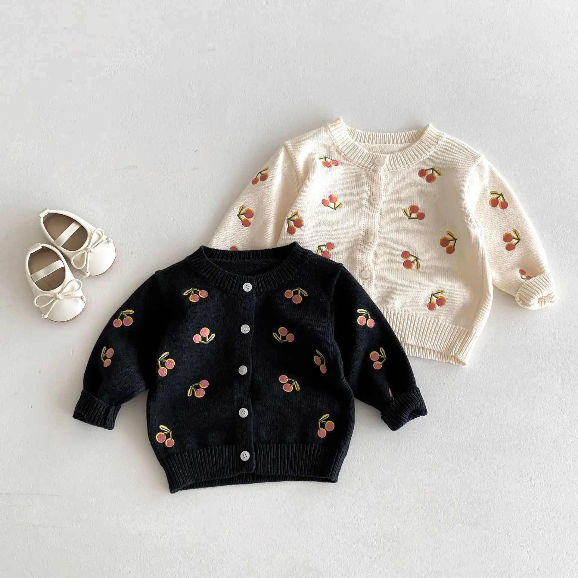 2024 Autumn New Children Sweater Coat Cute Cherry Embroidery Knitted Cardigan Girls Versatile Knitwear Kids Boys Casual Jacket