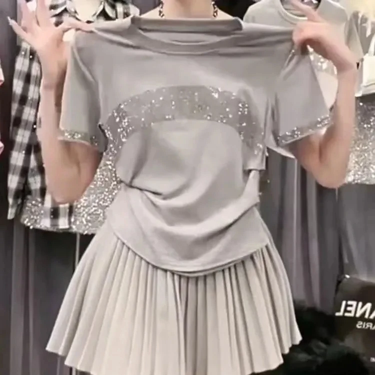 Diamond-in Gray Short-sleeved T-shirt for Women Summer T-shirt Top 2025 New Fashionable Stylish Shirt Jacket Pure Cotton Top