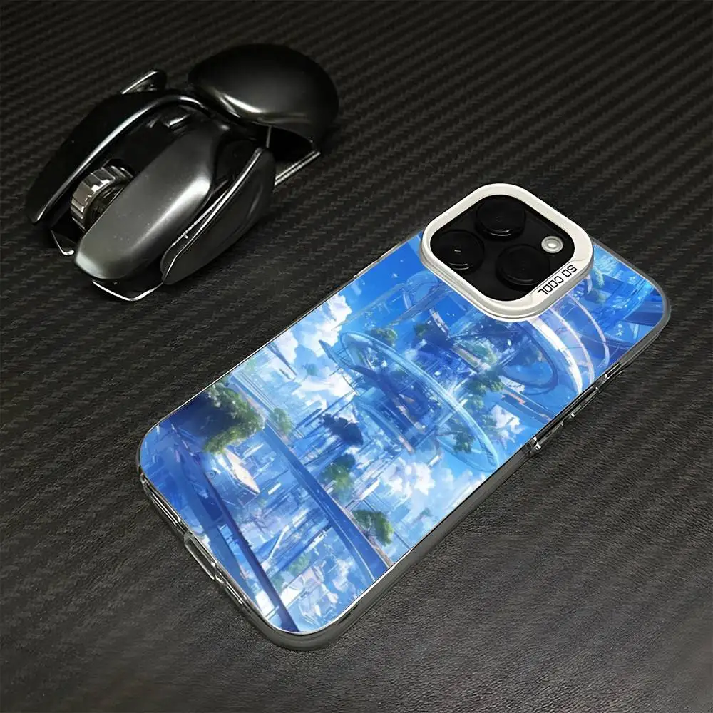 حافظة هاتف معمارية الخيال العلمي باللونين الأزرق والأبيض لهواتف iPhone 16,15,14,13,12,11,Mini,Pro,MAX غطاء أبيض غير لامع مقاوم للصدمات