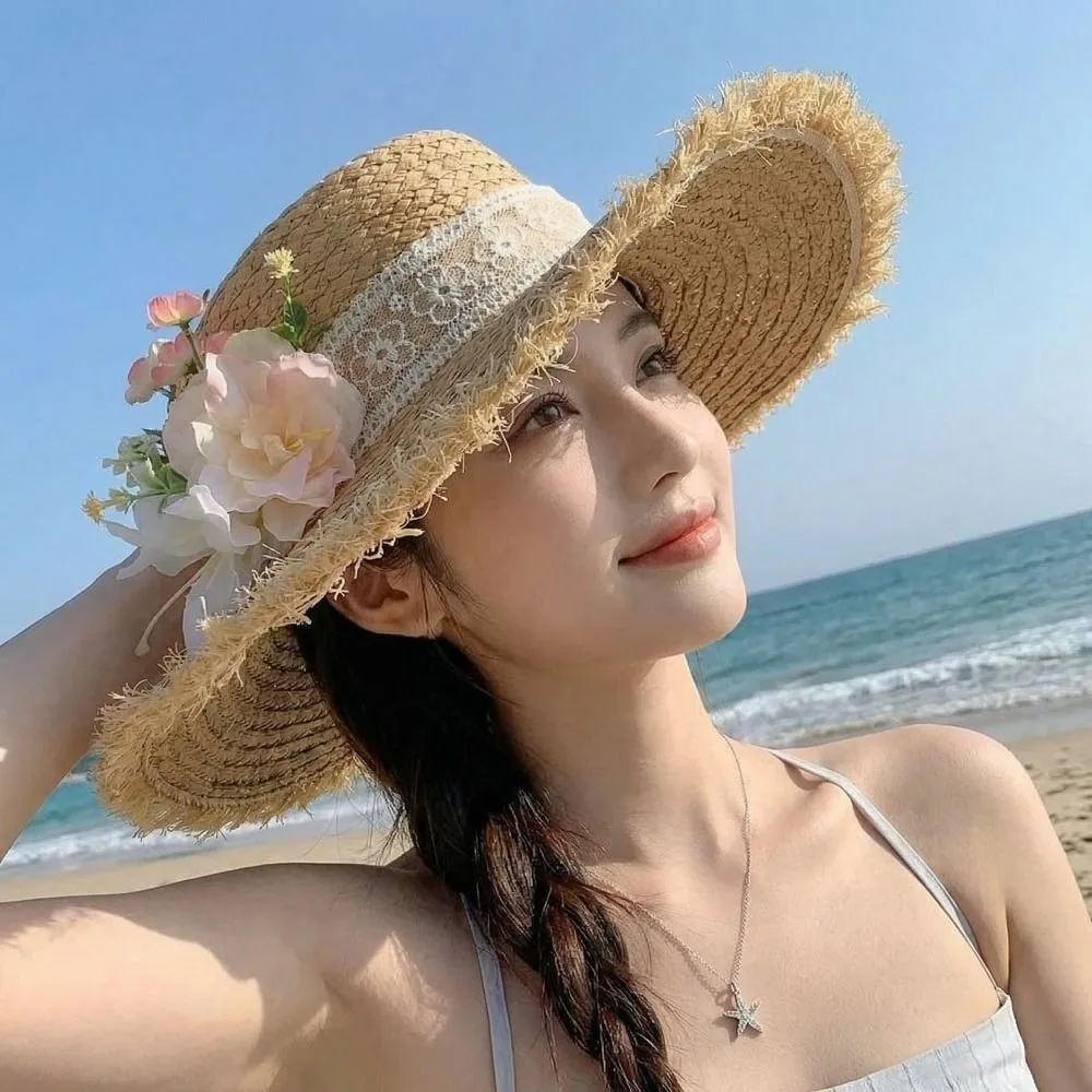 

Tassel Edge Lace Flower Straw Hat Boho Visor Women's Sun Hats French Style Korean Style UV Protection Cap Travel