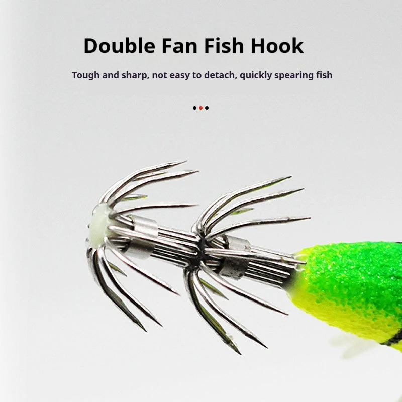 8Pcs Luminous Wooden Shrimp Squid Hooks with Rattle Beads Shrimp Baits Sea Fishing Lobster Vivid Baits Fluorescent All Layer