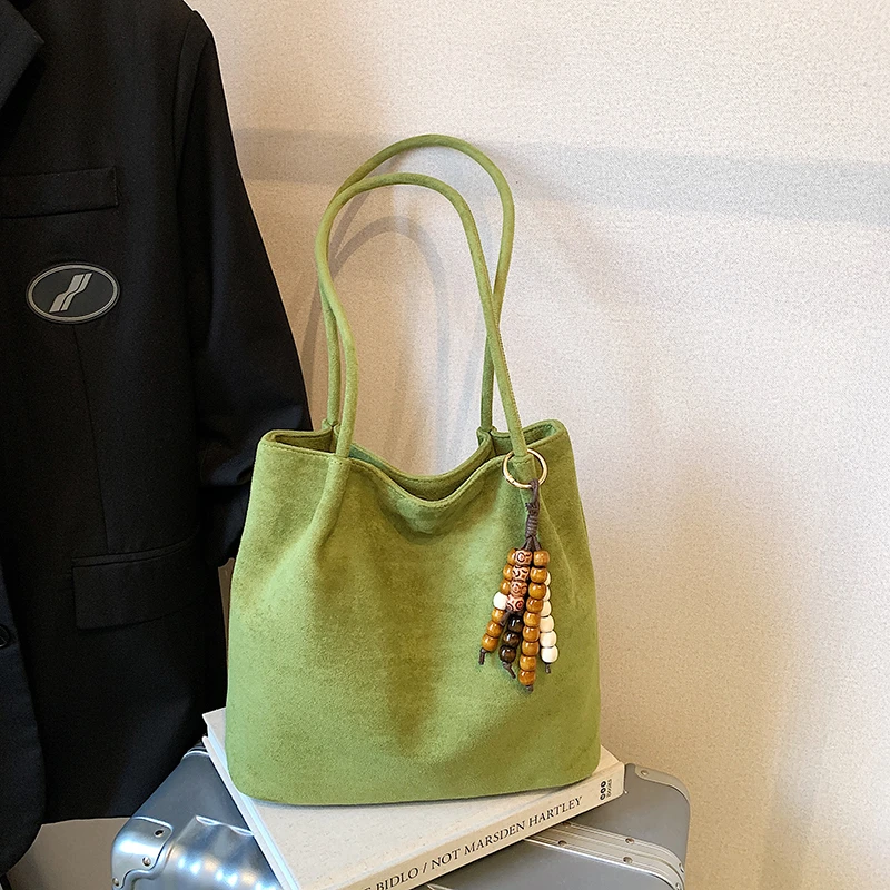 Solid Color Faux Suede Zipper Commute Sweet Shoulder Bags2026 Fashion Large Capacity Versatile Casual Youth Tote Bags for Women