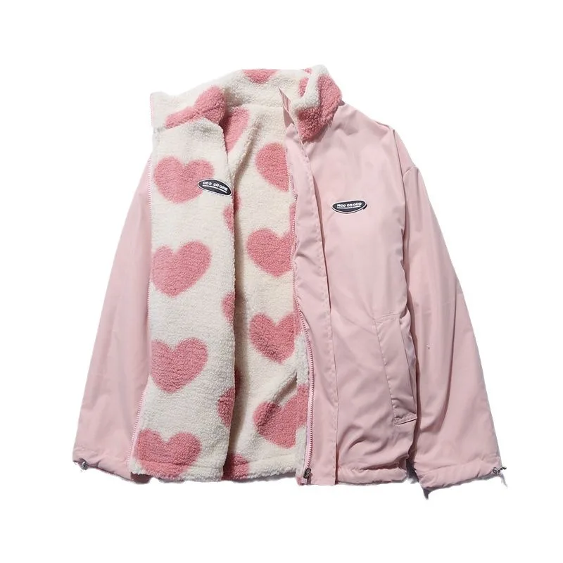 Double-sided Heart Shape Design Lamb Plush Women's Coat Cotton Clothes 2022 Winter Warm Windproof Jacket Street Y2K Clothing