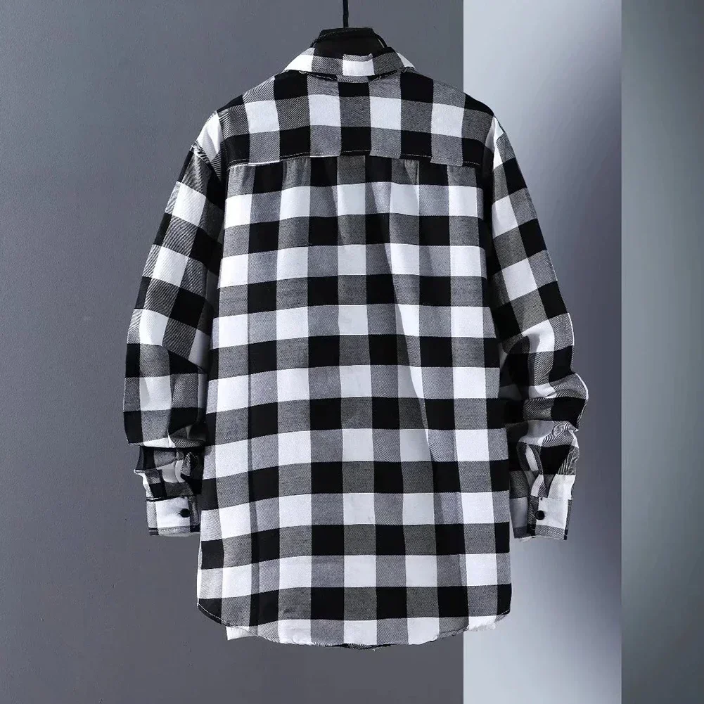 Stylish Mens Button Down Plaid Shirts Baggy Coats Lapel Tops Long Sleeve Check Shirts Casual Workwear Red Black