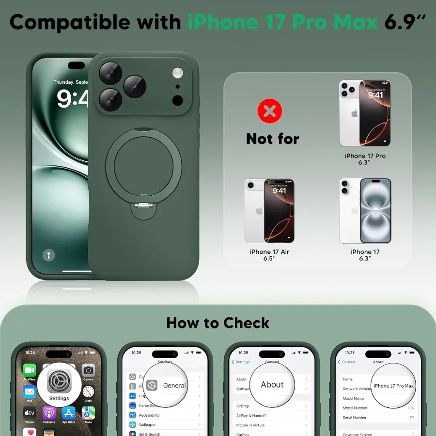 حافظة بحامل مغناطيسي 360 درجة باللون الأخضر العسكري لهاتف آيفون 17 برو ماكس 6.9 بوصة مع حماية كاملة للكاميرا وسيليكون سائل مقاوم للصدمات D #2