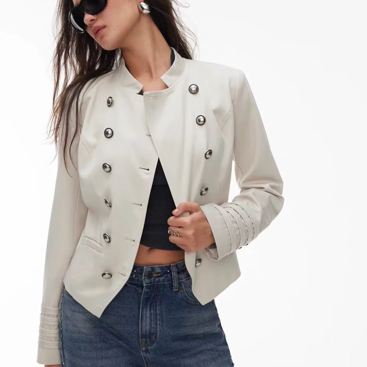 Fashionable Early Autumn Women's Jacket Double Row Buttons Turn-down Collar ZR Style Short Outerwear Polyester Fiber Slim Fit