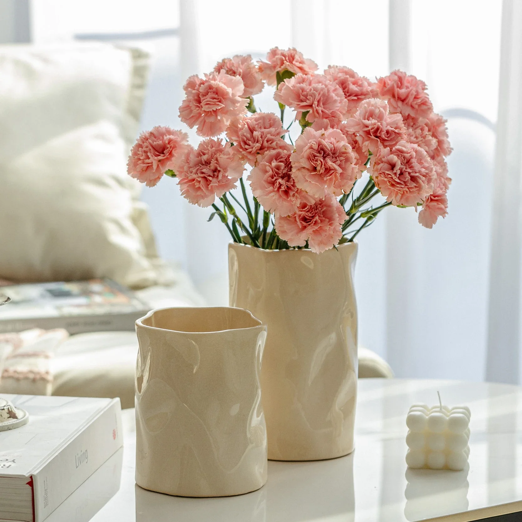 Cream Wind Ceramic Vase Ornaments Living Room Flower Arrangement Dried Flowers Large Diameter Luxury High Sense Irregular Vase