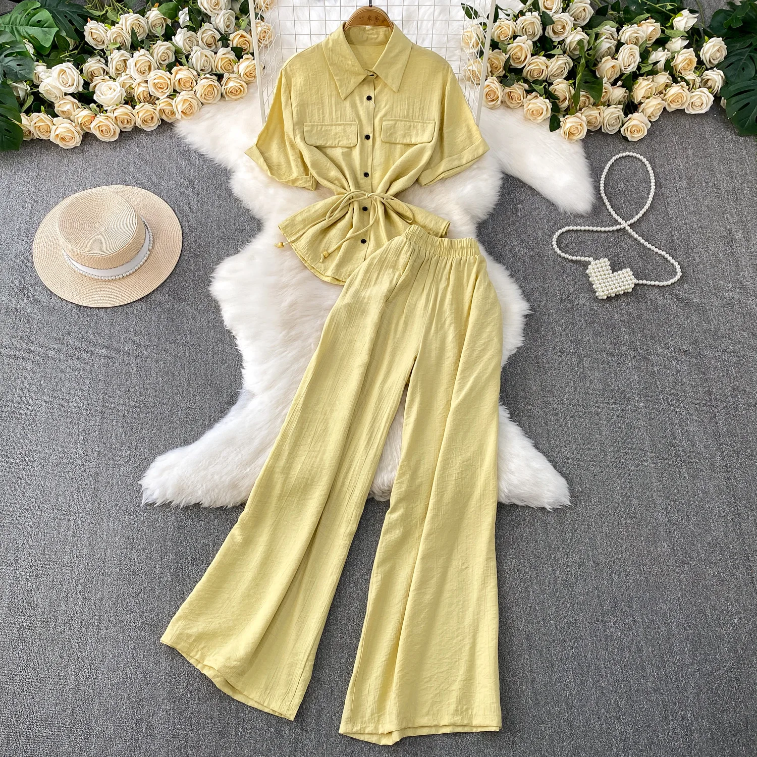 

2025 Fashion Women's Trousers Set Lapel Short Sleeve Shirt Tie Waist Shirt Top + Casual High Waist Wide Leg Pants 2-piece Set