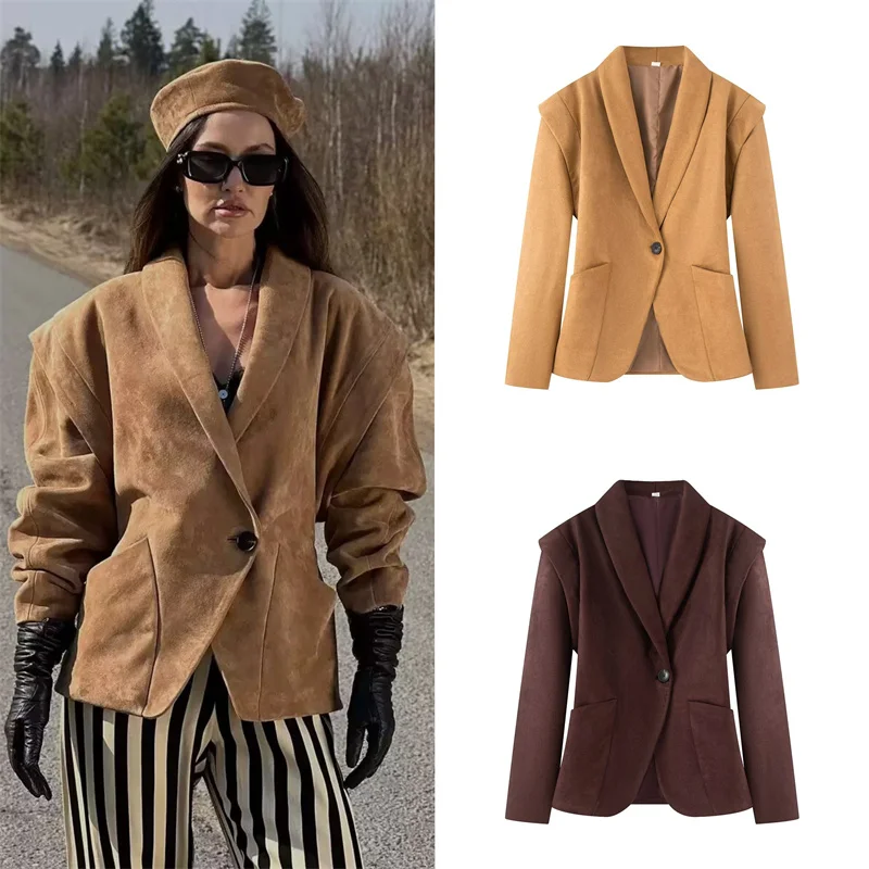 

2025 женская куртка, осенняя новинка, однотонный замшевый пиджак с длинными рукавами и подкладкой на плечах, модный и стильный