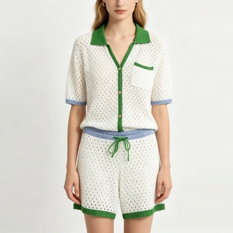 2026 Summer Women's Striped Knit Two Piece Set Hollow Out Short Sleeve Cardigan Shirt + Drawstring Shorts Casual Vacation Outfit