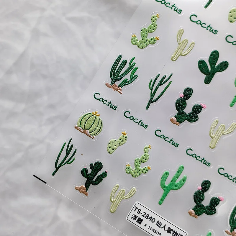 Green Plant Cute Cactus 5D Soft Embossed Relief Self Adhesive Nail Art Decoration Sticker Flower 3D Manicure Phone Decals Summer