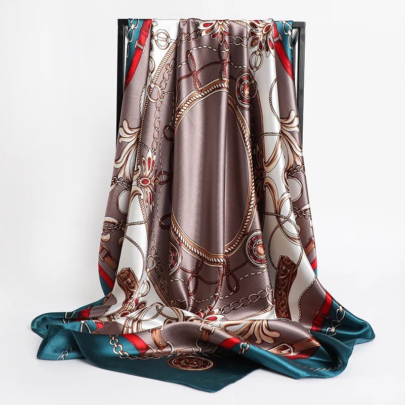 90*90cm Platz Silk Schals Frauen Hijab Schals Mode Druck Kopftuch Femme Kopf Schal Foulard Bandana Strand Pareo – Detail 4