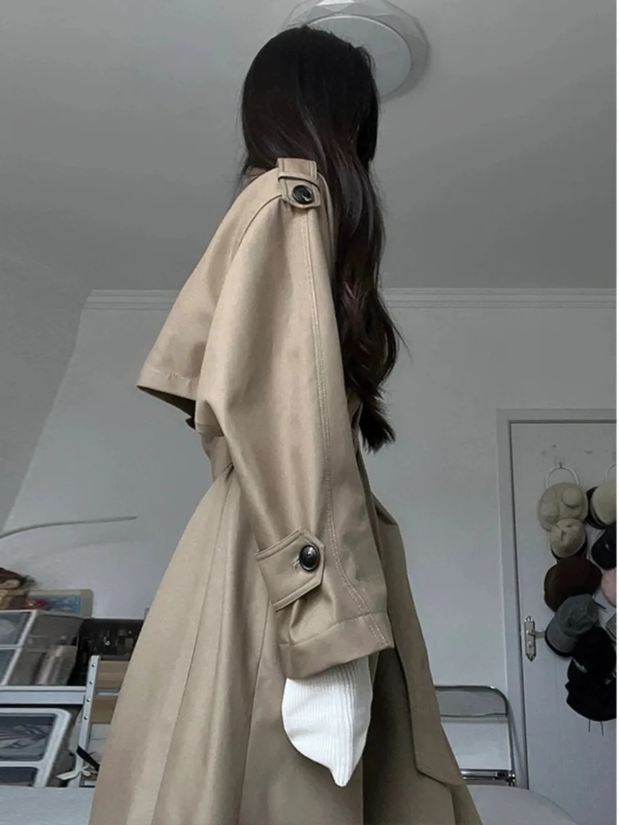 Women's Autumn 2025 Long Trench Coat Khaki Colorous High Waist Silhouette Ele Sle Coat Loose Fit Korean Casual Sle