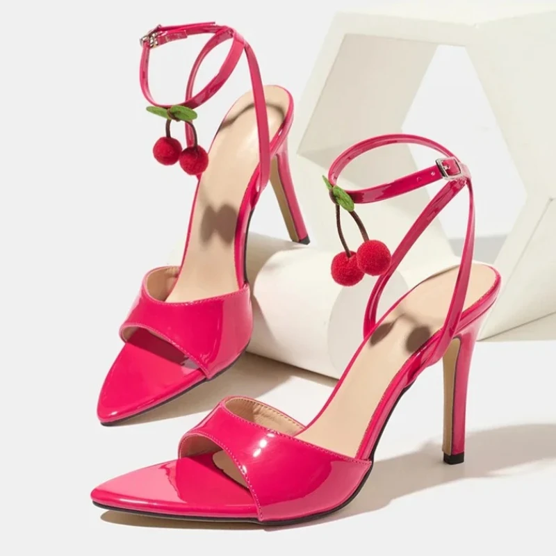 

Sweet Pink Patent Leather Heel Sandals Women Cute Cherry Embellished Heels Sexy Open Toe Pointed Toe Ankle Buckle Designer Shoes