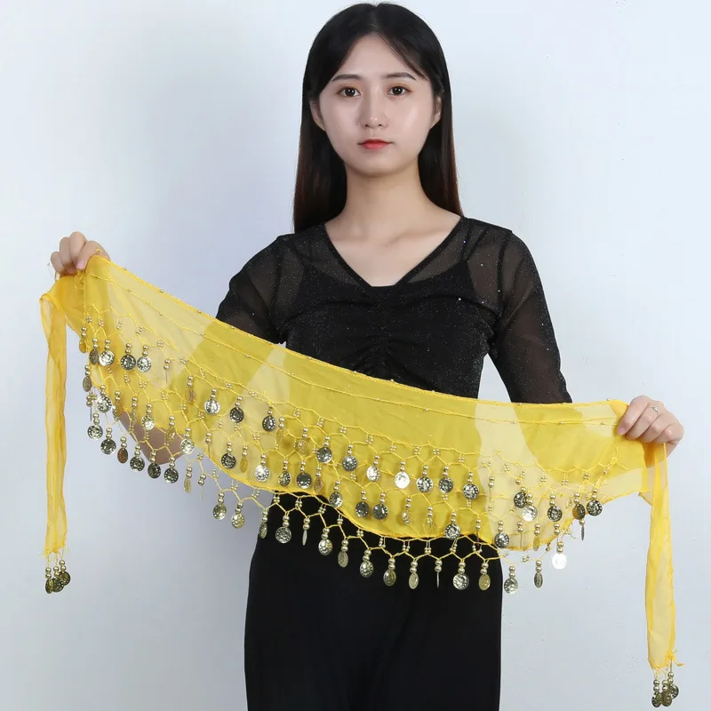 Sexy Belly Dance Gold Sequins Chiffon Skirt Tassel Waist Chain Belts Indian Arab Dance Wrap  Show Party Hip Scarf Costum