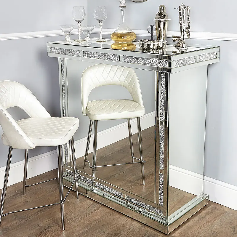 Diamond Glitz Mirror Shredded Wine Bar Restaurant Counter with Crystal Edge and Wine Cabinet for Home Bar Office