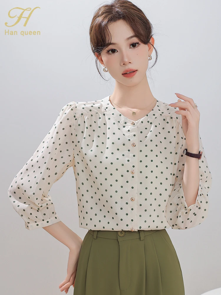 H Han Queen 2024 Autumn Tops Simple Office Chiffon Blouse Elegant Dots Shirt Casual Korean Style Loose Blouses Women Clothing