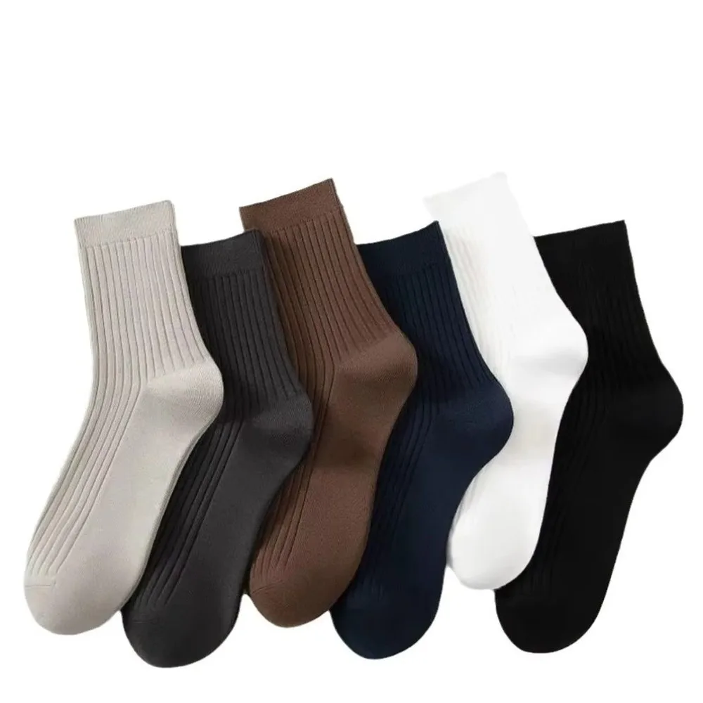 

5Pair New Solid Color Men Socks Striped Sweat Absorbing Mid Tube Socks Breathable Odor Proof Mid-calf Socks Business Wear
