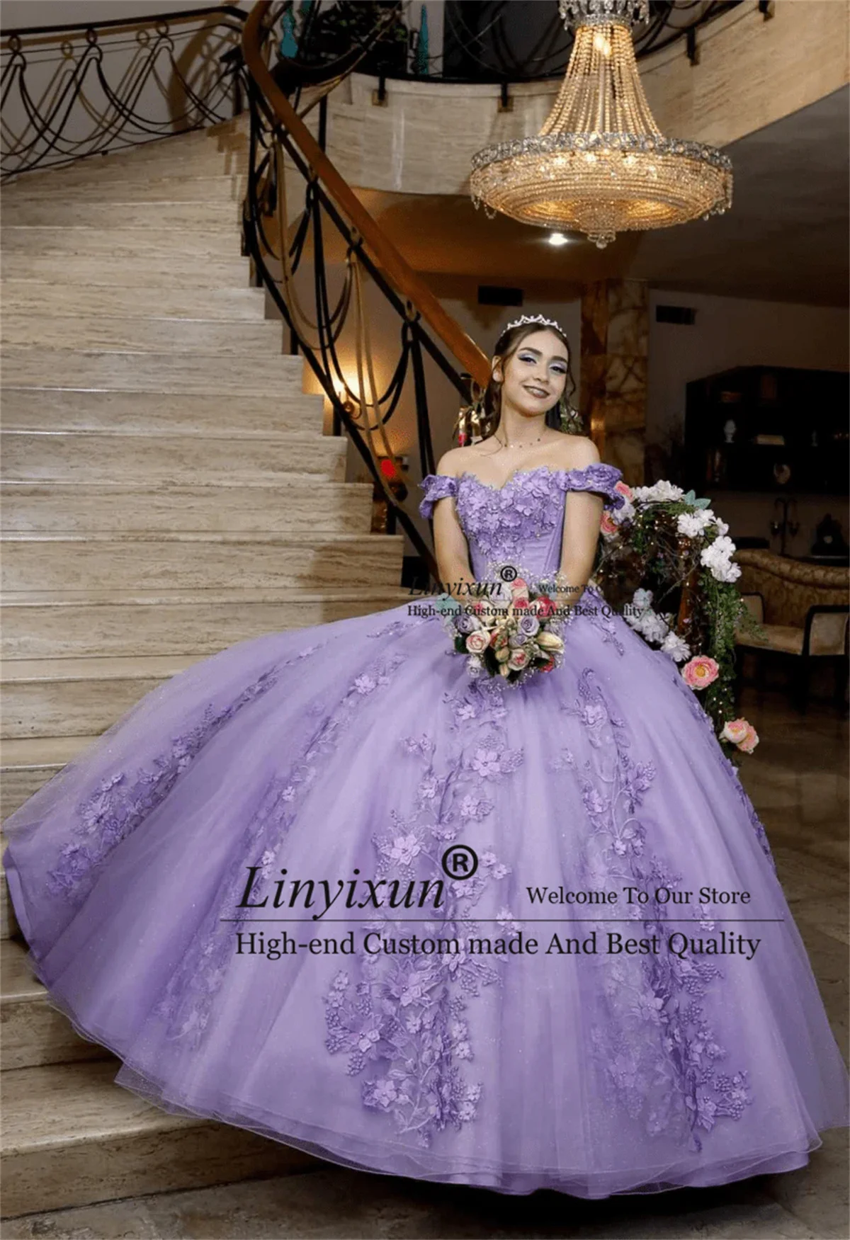 

Бальное платье принцессы, платья Quinceanera с 3D кружевом в форме платья Sweet 16, с открытыми плечами, мексиканское платье Vestido De 15 Anos по индивидуальному заказу