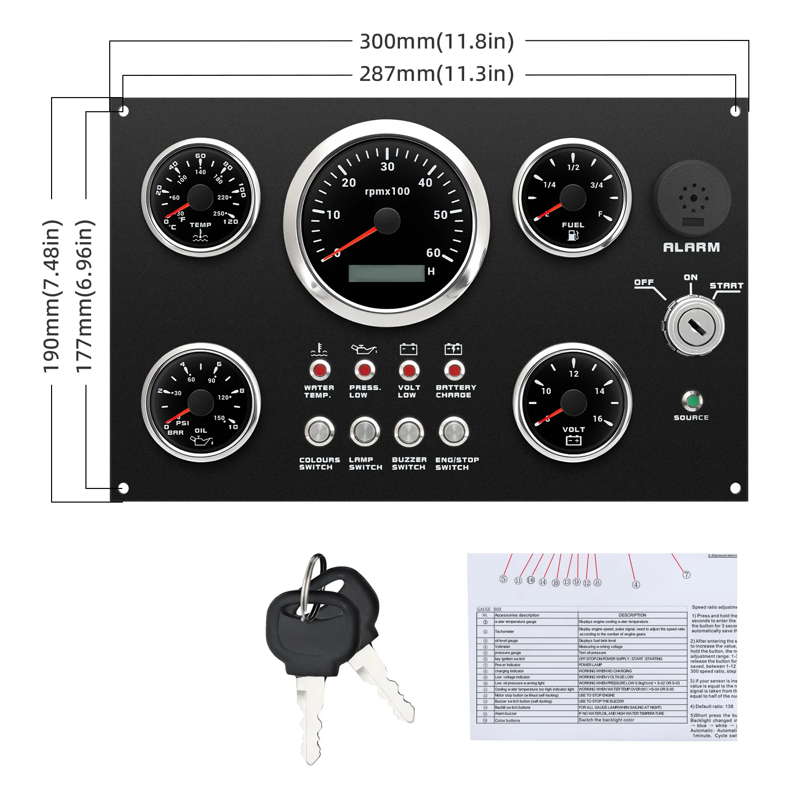 Marine Boat Dashboard 5 Gauges Set 3000/4000/6000/8000RPM Meter Water Temp Fuel Level Oil Press Voltage For Boat Car Truck
