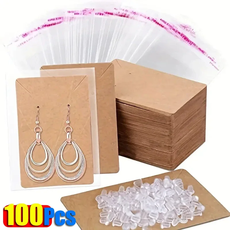 50/100pcs Earring Cards Necklace Display Cards with Bags Earring Display Cards Self-Seal Bags Kraft Paper Tags for DIY Jewelry