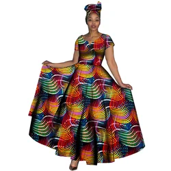 Wyprzedaż!!! Sukienki afrykańskie Ankara Print V-neck Maix Long Dresses with Head Scarf Dashiki Women Outfits Party Outing New Year Clothe