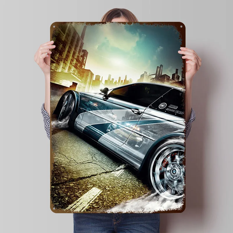 Sleek Car Drifting in Urban Setting Printed Poster Customized Wall Art Retro Vintage Metal Tin Signs for Home Decoration Gaming