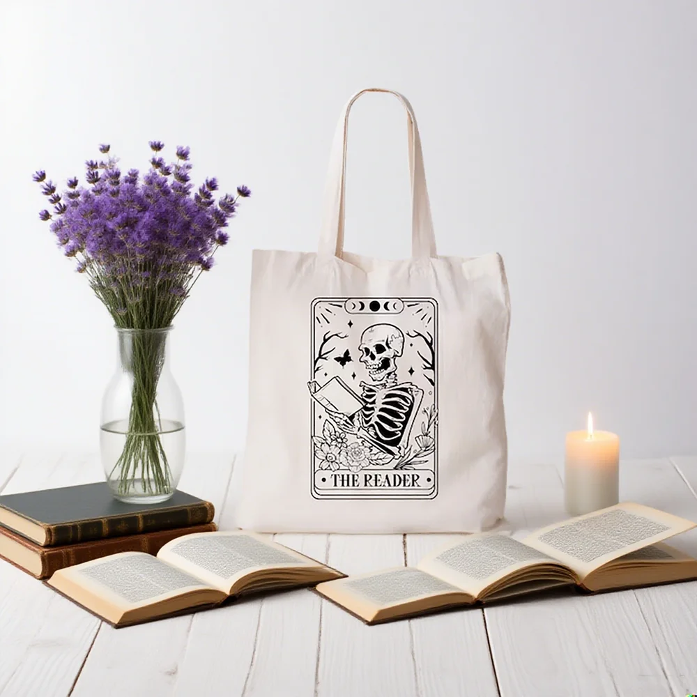 

The Reader Tote Bag Bookish Tote Book Tarot Card Tote Bag Skeleton Librarian Gift for Book Lover Back To School Halloween Party