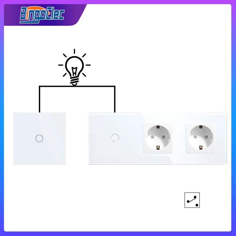 

BINGOELEC EU Standard 2Way Switch Touch Switch with Double EU Socket interruptor 2 Way Stair Switches Crystal Glass Panel