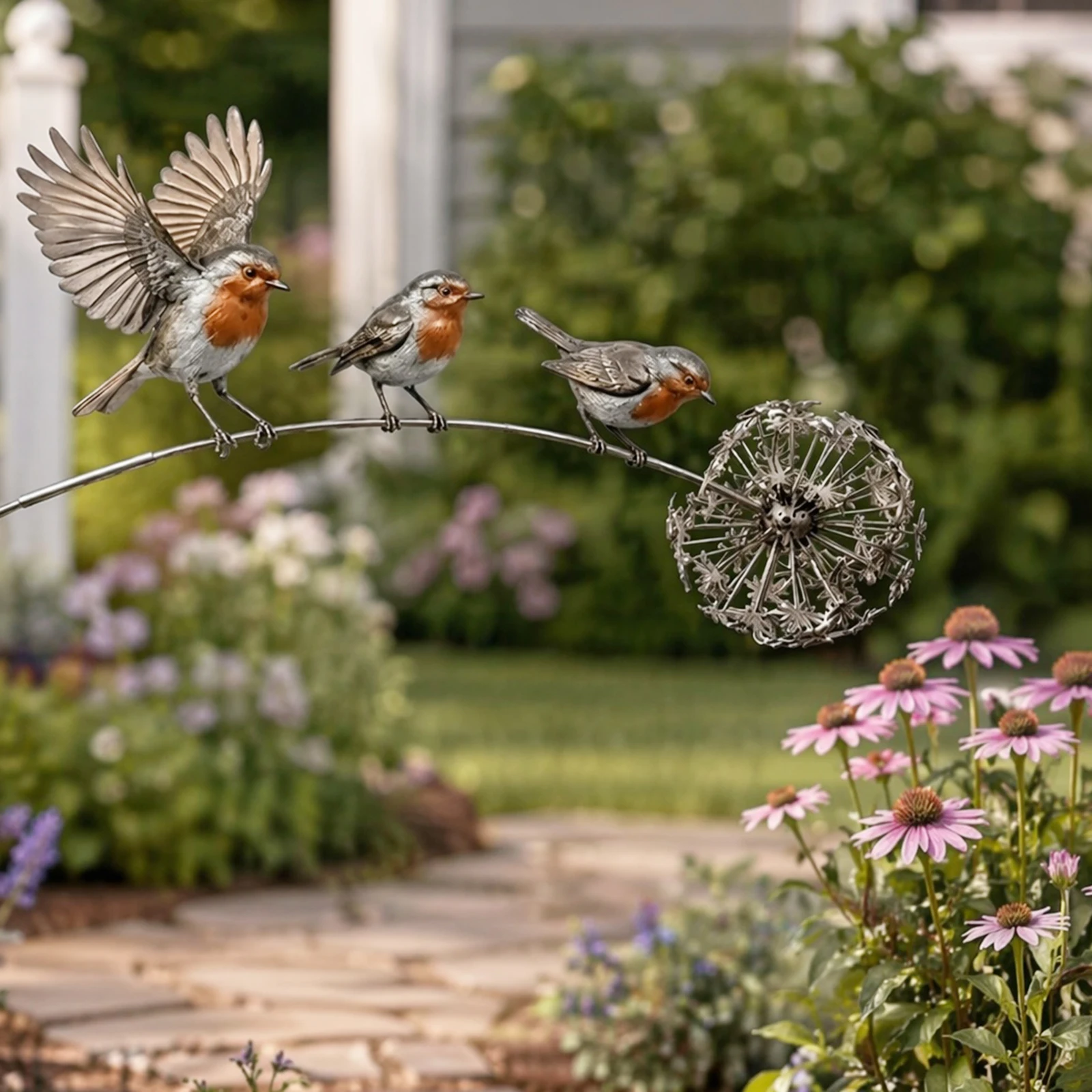 Robin Garden Stake with Dandelion Accent Outdoor Yard Art Stake Rustic Bird Yard Art Garden Ornament for Lawn Patio Flower Bed