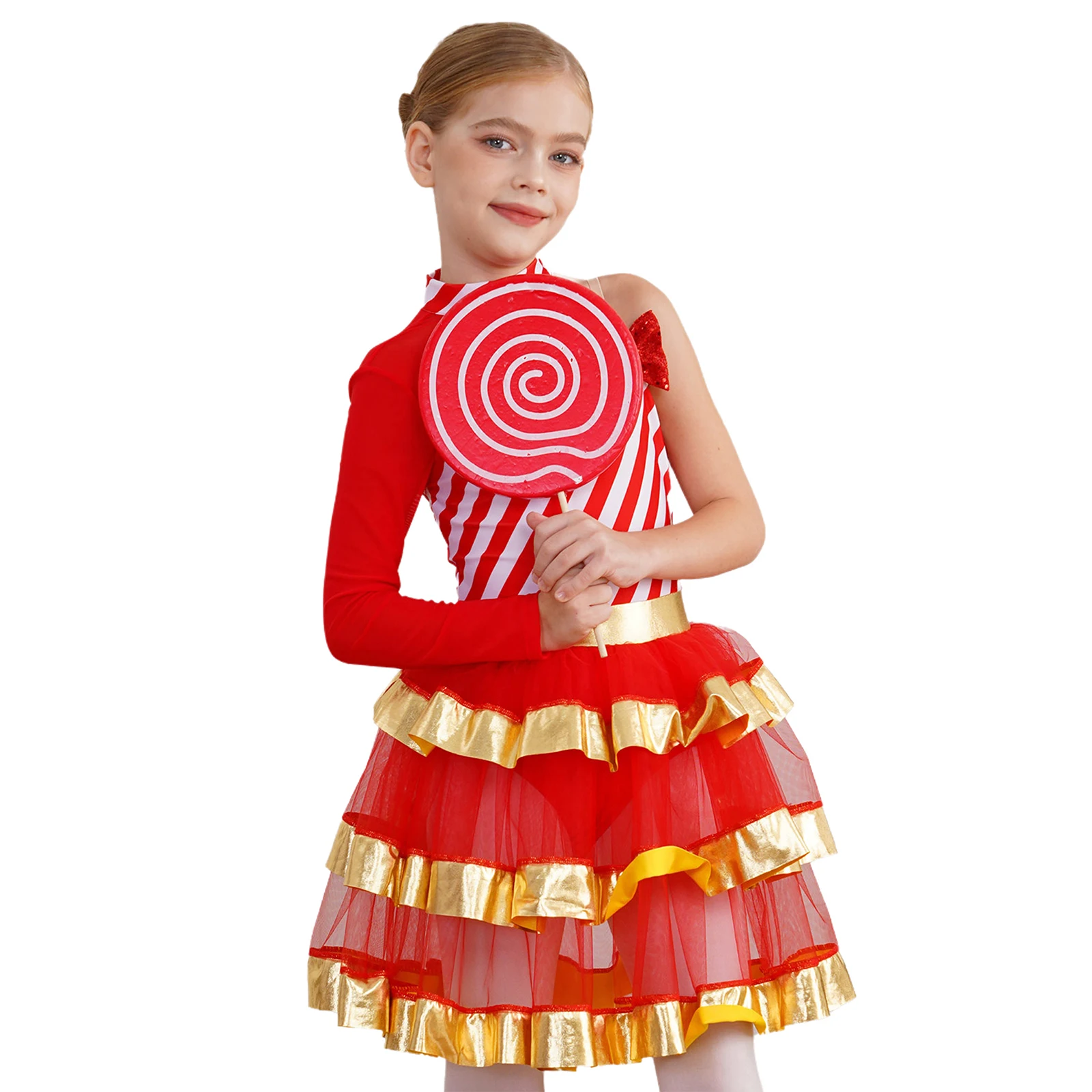 Girls Holiday Christmas Asymmetrical Shoulder Dance Figure Ice Skating Tiered Tutu Dress Sweetie Xmas Candy Cane Xmas Costumes