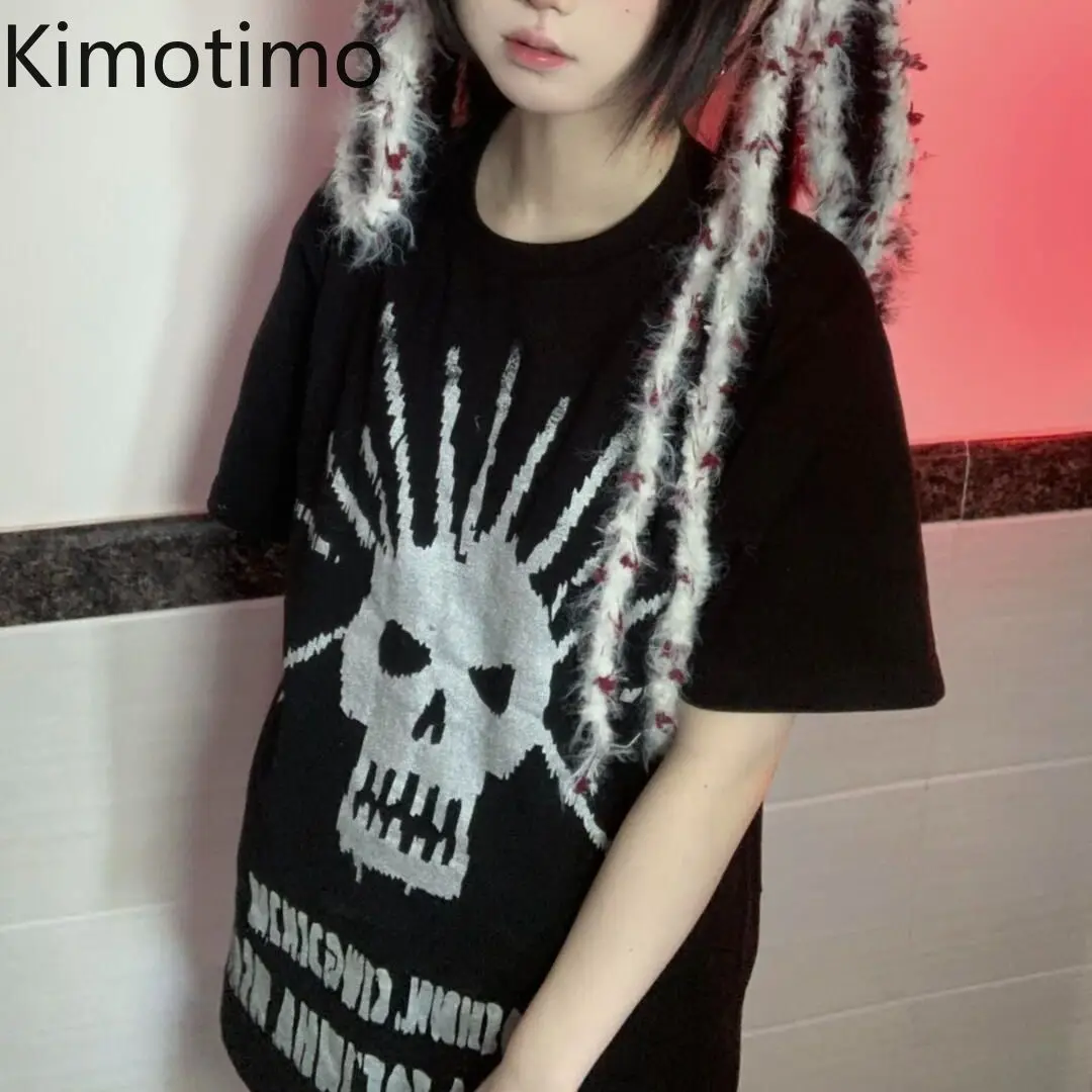 

Kimotimo Street Skull Letter с коротким рукавом и принтом женская футболка в американском стиле ретро с круглым вырезом свободные топы 2026 новые повседневные футболки Y2k в стиле гранж