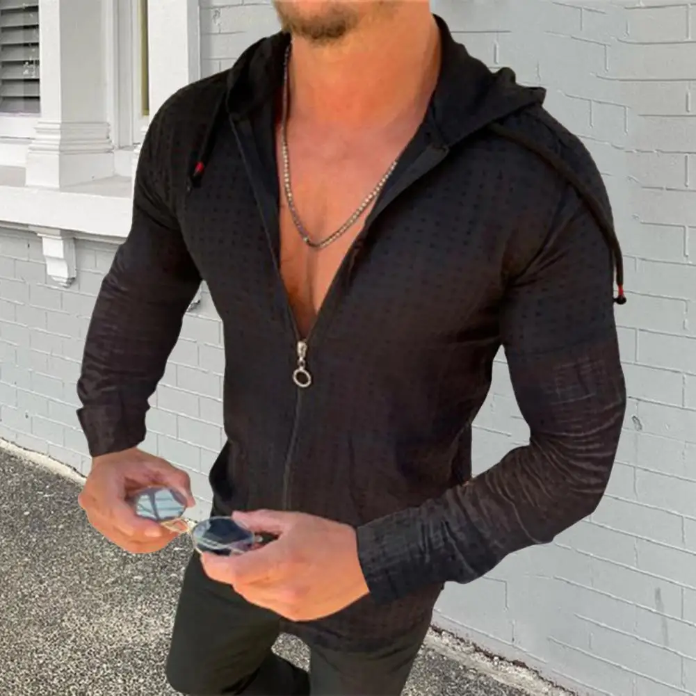 Cotton Blend Men Shirt Plaid Zip Up Hooded T-shirt for Men Hop Style Cardigan Tee Shirt with Long Sleeves Streetwear for Wear