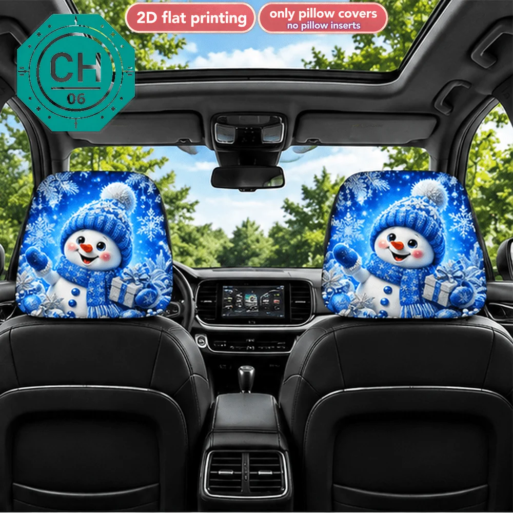 2pcs, 2D Flat Print, Blue Snowman, Knitted Hat and Scarf, Cute Joyful Face Expression, Adorable Cartoon Style, Snowflake