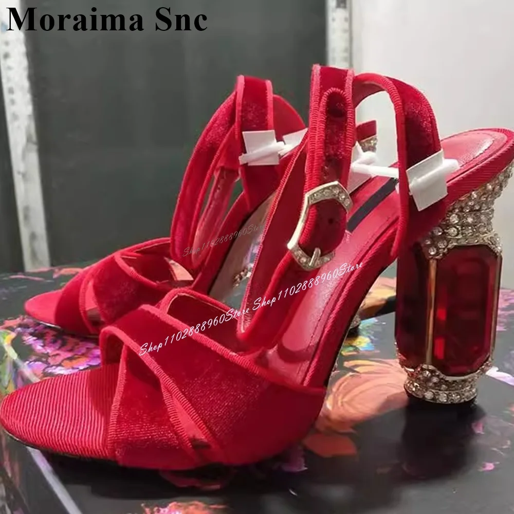 Red Suede Crystal Heel Shallow Sandals Strange Heel Women Shoes Ankle Buckle Strap Open Toe 2024 Fashionable Zapatos Para Mujere