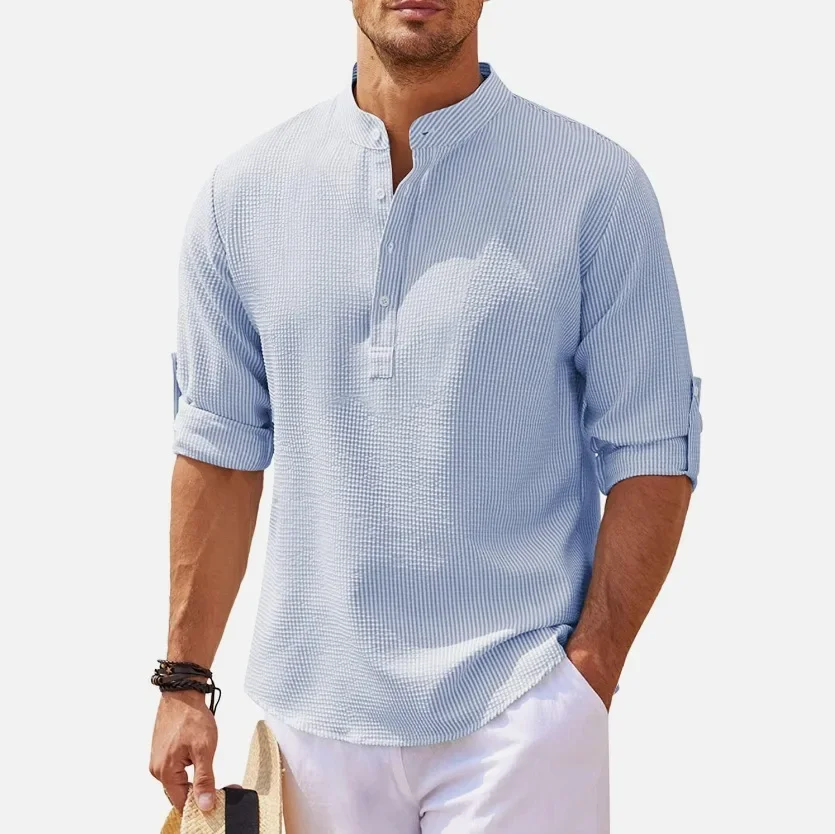 2025 New Fashion American Men's Plaid Casual Trendy Loose Basic Long Sleeve Stand Collar Button Pullover Shirts Male Clothes Top