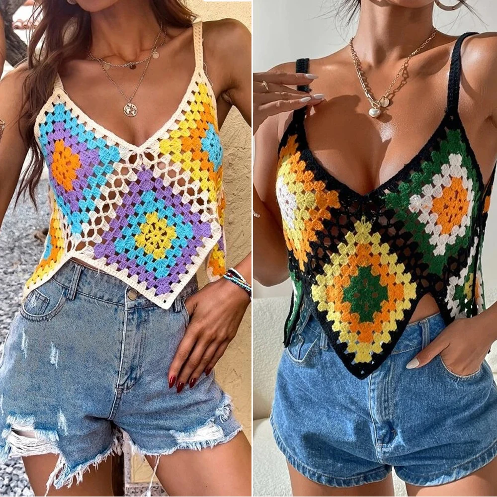 

Rin Confa Rhombus Square Short Top Women Hyun-a Kim Wind Hollow Out Multicolour Slip Vest Thin All-Match Sleeveless Top