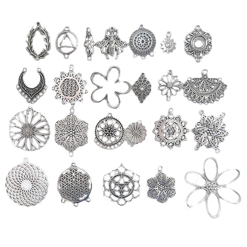 

20pcs Vintage Mixed Flower Porous Connectors Silver Charms Pendants For DIY Jewellery Necklace Earrings Making Finding Crafts