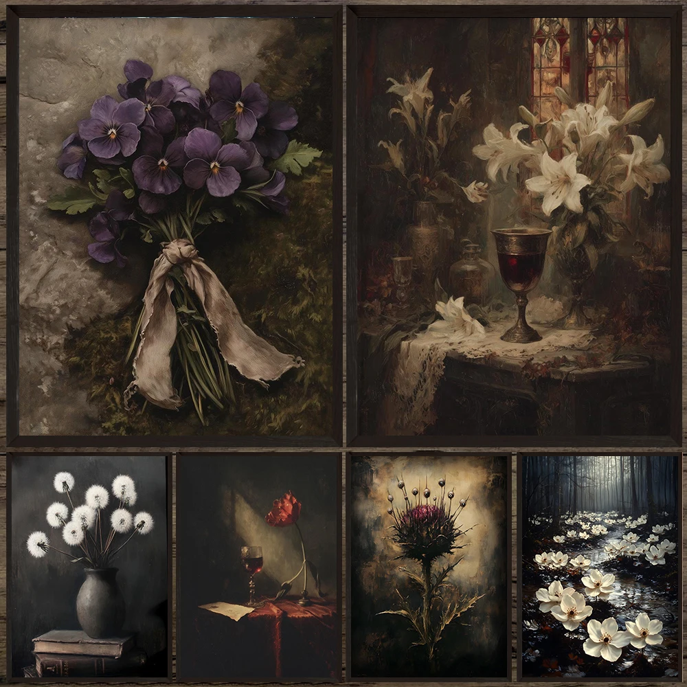 Macabre Botanical Art Poster Print,Dark Academia Home Decor,Surreal Botanical Floral Vintage Wall Art Canvas Painting Unframed