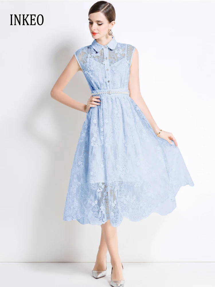 

Beach Women's Lace Sleeveless Midi dress 2025 Summer Vintage Embroidery Hollow out dresses with pearl belt Luxury INKEO 5D169