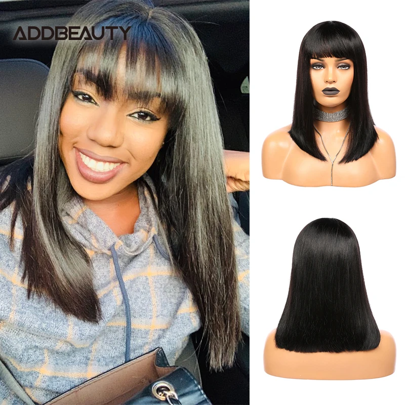 Human Hair Wig on Sale Clearance Straight Full Machine Made Wigs for Women With Bang Clips in Human Hair Extensions Glueless Wig