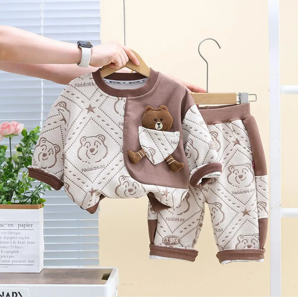 Designer Boutique Outfits Spring Autumn Fashion Kids Jacquard Bear Crewneck Pullover Sweatshirt And Pants Boys Sets Baby Clothes