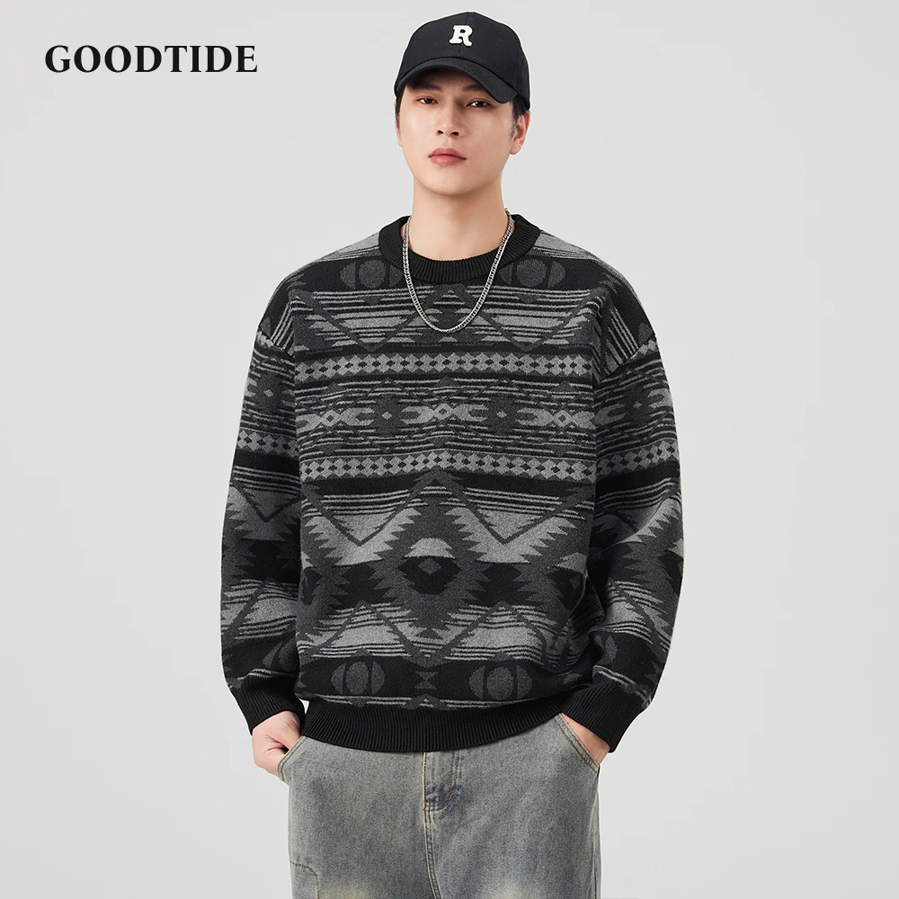 2025 Winter New Fashion Men's Ethnic Geometric Pattern Sweater Retro Crew Neck Knitted Pullover Soft Long Sleeve Jumper Top