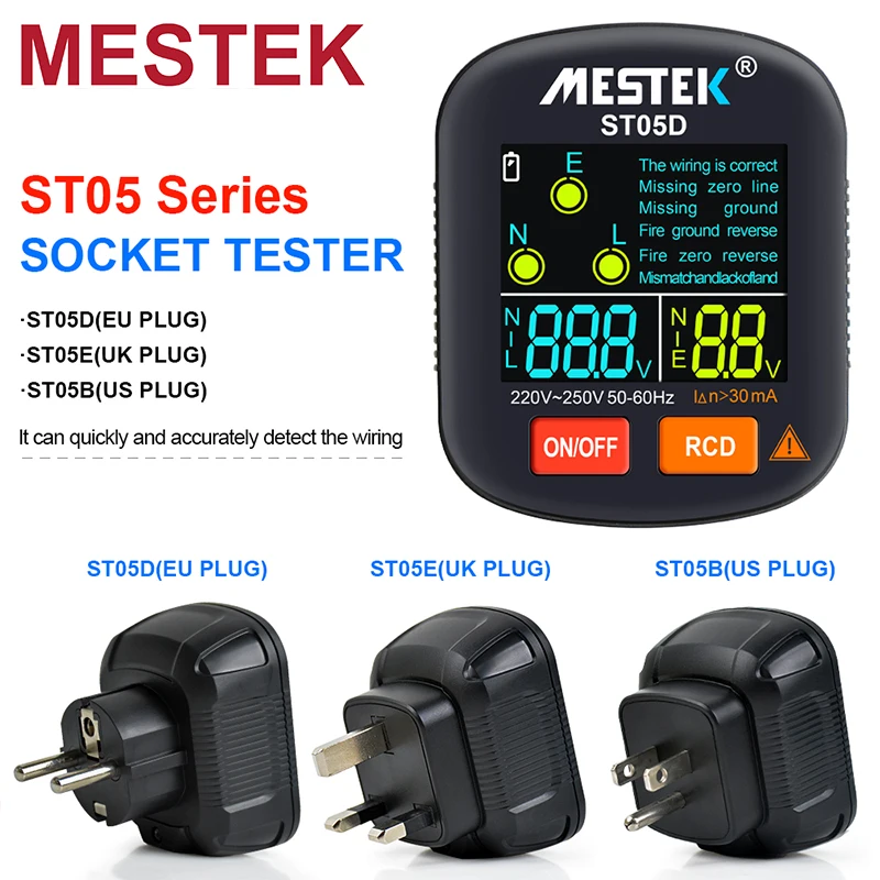 MESTEK Socket Tester US/EU Detector Polarity Phase Pheck Detector Wiring Electroscope Electric Plug Color Screen RCD Safety Test